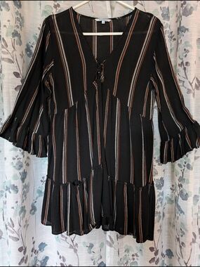 blue island Black Striped V-Neck Ruffle Sleeve Tunic